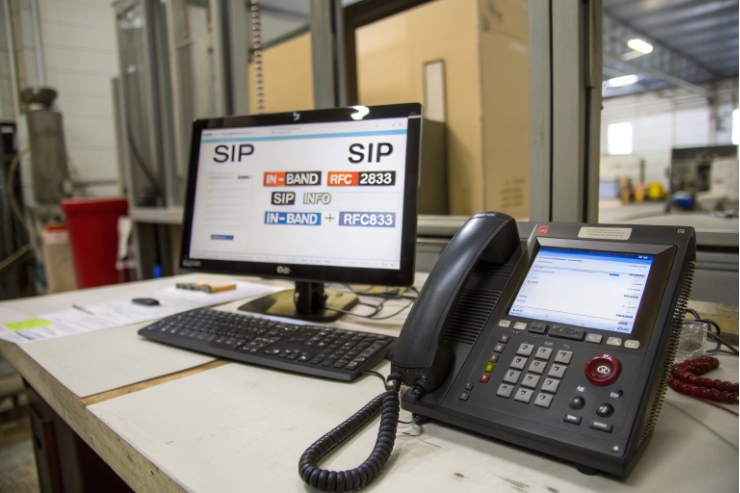 SIP desk phone beside monitor showing in-band DTMF RFC2833 testing.