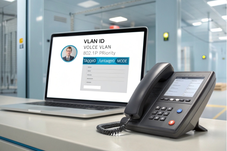 VoIP desk phone with laptop showing voice VLAN ID and 802.1p priority setup