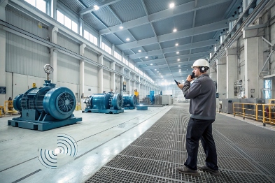 Technician makes VoIP call inside industrial plant near heavy motors and machinery