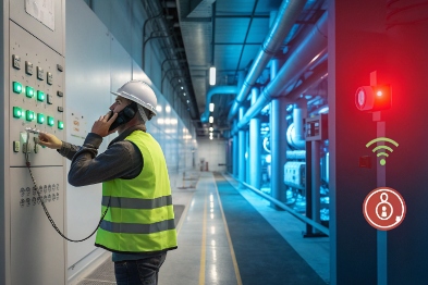 Safety worker uses wall mounted VoIP phone in industrial tunnel for incident reporting