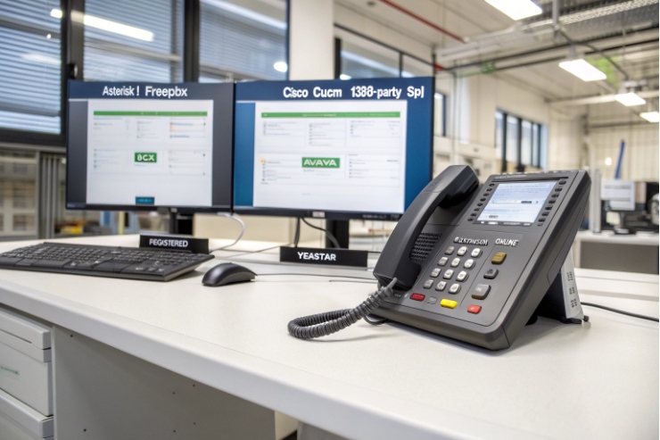 VoIP desk phone with monitors showing PBX compatibility testing and registration status
