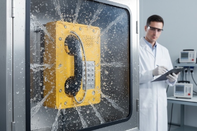 Yellow rugged industrial phone in spray chamber test with technician recording results