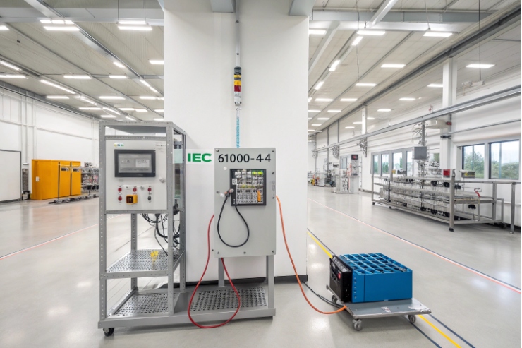 IEC 61000-4-4 immunity test station in clean factory lab with wiring harness.