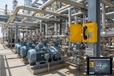 Explosion-proof SIP phone installed on industrial pipeline with remote monitoring tablet