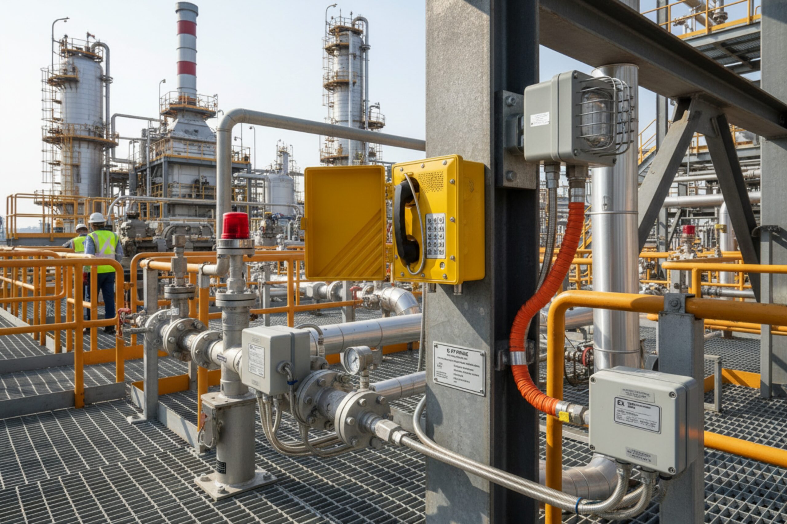 Petrochemical plant platform showing explosion proof SIP phone with beacon and industrial piping