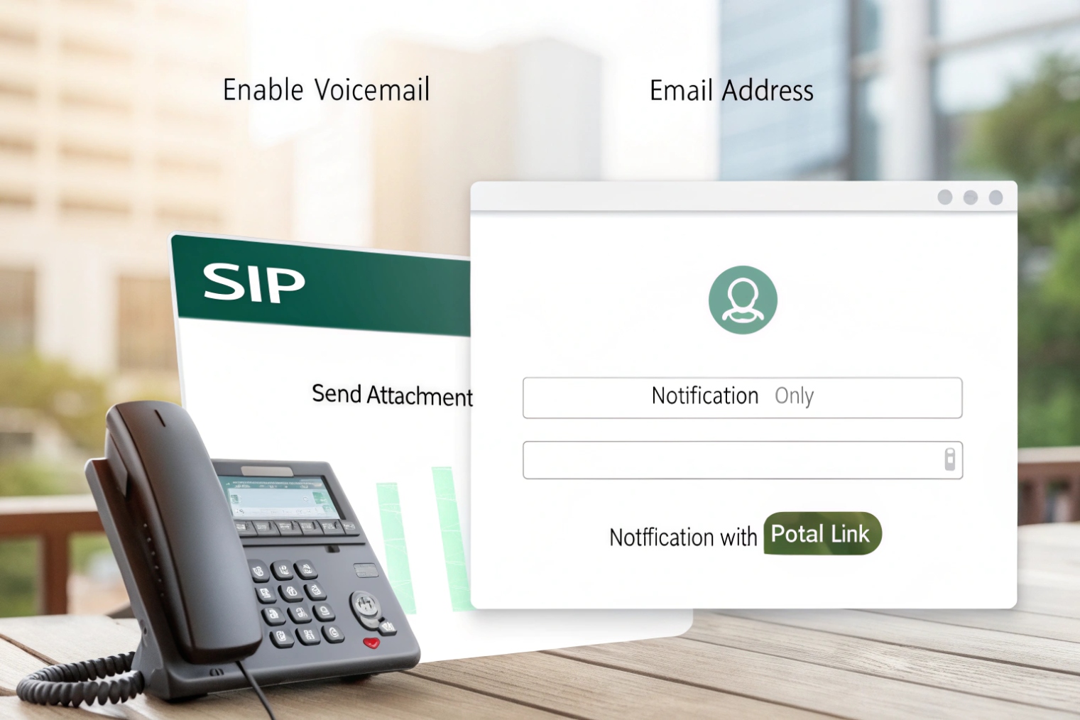 Desk IP phone in front of a SIP settings screen and a web form where an email address is entered to enable voicemail-to-email notifications or attachments