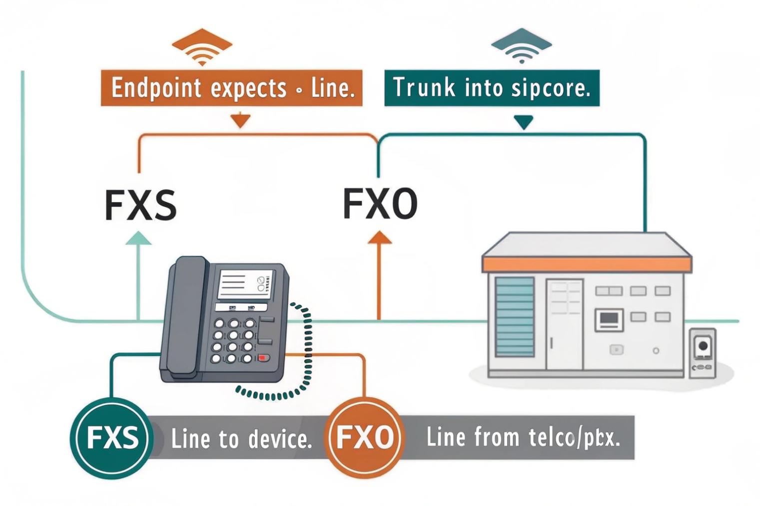Illustration comparing FXS line to device and FXO trunk from telco PBX