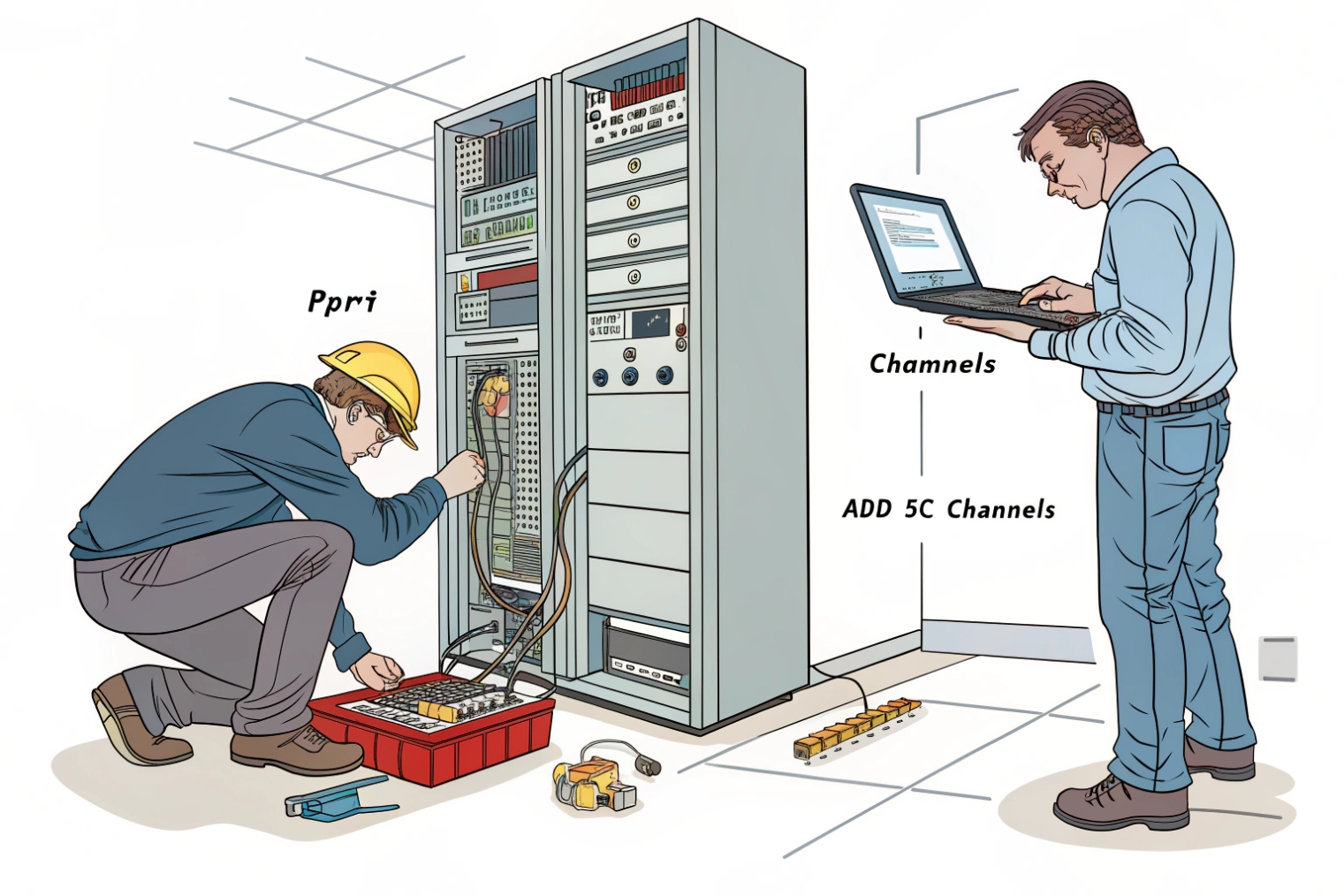 Illustration of two technicians expanding legacy telephony capacity at a large rack, one wiring hardware labeled PRI while the other uses a laptop to add more channels