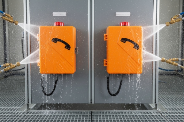 Water spray chamber testing two orange weatherproof SIP emergency phone enclosures
