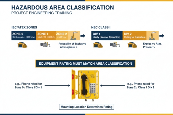 Hazardous area classification chart comparing IEC ATEX zones and NEC Class I divisions