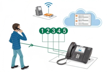 Cloud VoIP call flow linking mobile user, router, and IP phone extensions 1-5