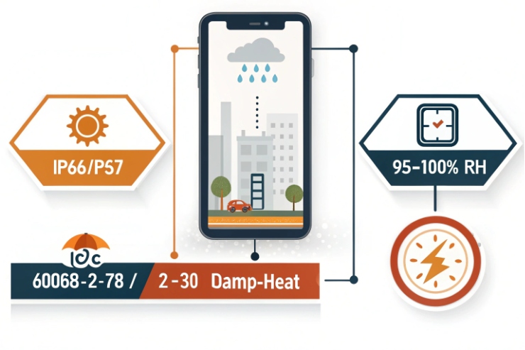 Damp-heat test infographic showing IP66/IP67, 95–100% humidity and IEC 60068-2-78.