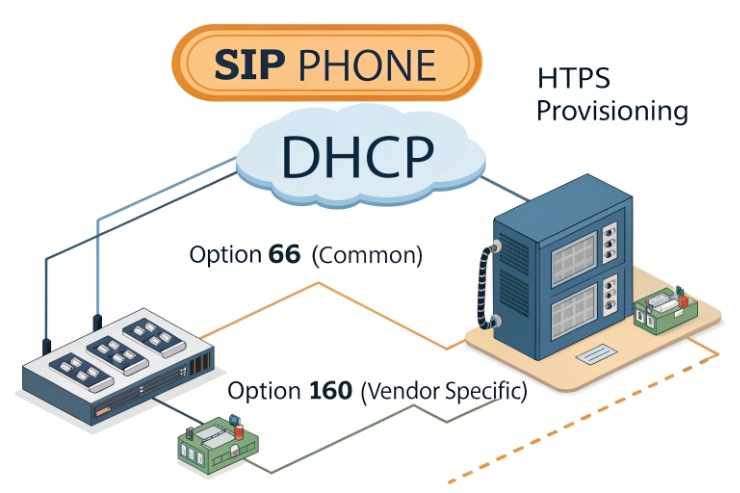 Diagram of SIP phone provisioning via DHCP, highlighting common Option 66 and vendor-specific Option 160, with HTTPS provisioning to a server