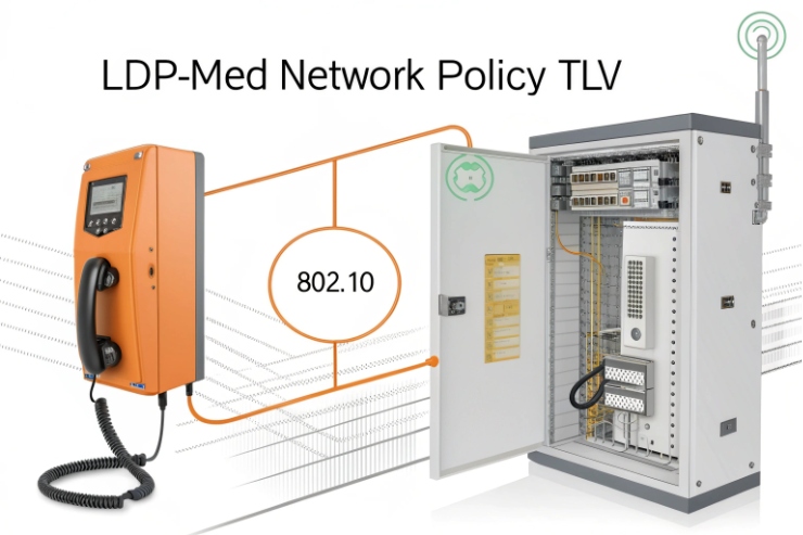 Orange SIP phone linked to control cabinet, LDP-Med network policy TLV diagram