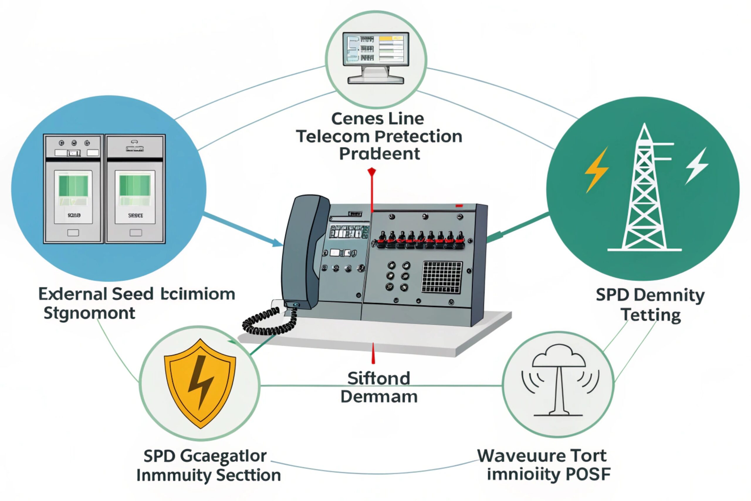 Telecom line protection infographic showing a central control/phone unit and surge protection (SPD) elements around the network