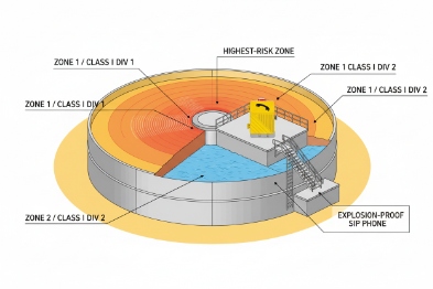 Zone 1 Zone 2 Class I Div map showing explosion-proof SIP phone placement on tank roof