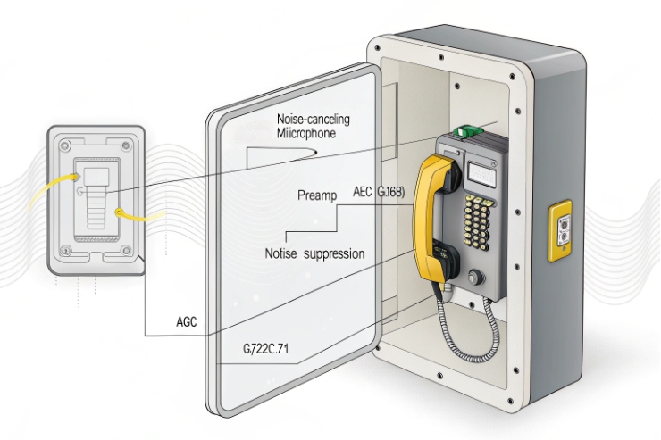 Explosion-proof phone cabinet diagram showing noise-canceling mic, AEC and suppression