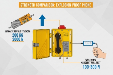 Strength comparison graphic showing explosion-proof phone tensile rating 200 kg and pull test force