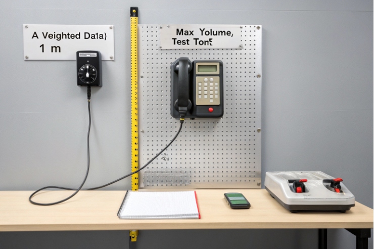 Lab setup for maximum volume test with wall phone, measuring scale, and audio equipment
