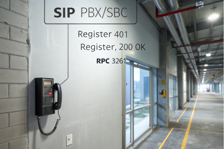 Wall-mounted SIP PBX/SBC hotline phone in industrial corridor showing registration status.