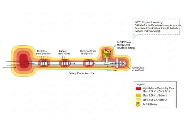 Hazard map for battery line showing Ex SIP phone placement and zones