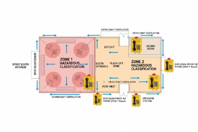 Hazardous spray booth layout showing Zone 1 and Zone 2 classification with Ex SIP phone locations