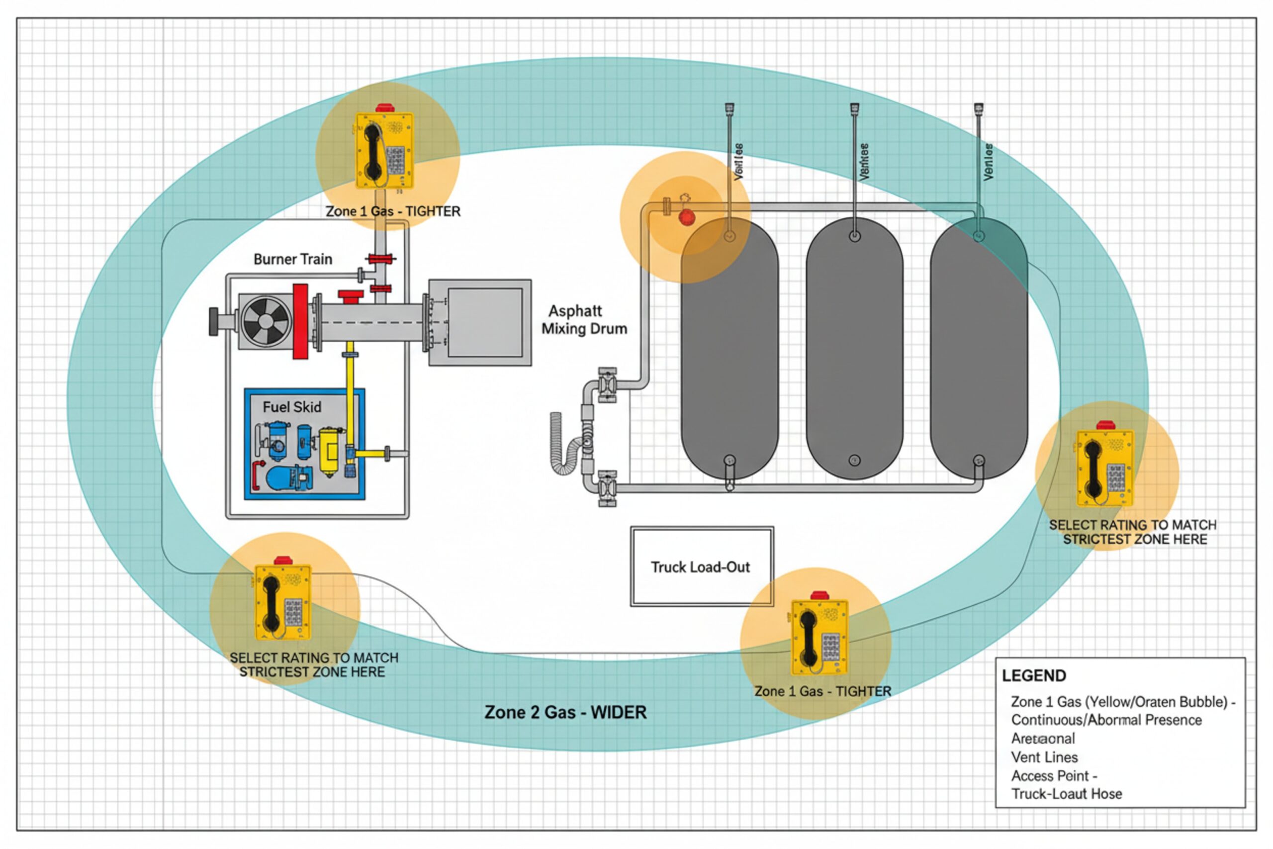 Zone 1 and Zone 2 hazardous area classification map for industrial skid equipment