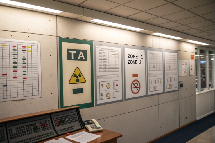 Control room wall shows TA signage and hazardous area charts for Zone 1/21.