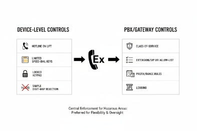 Diagram comparing device-level controls and PBX gateway policies for hazardous area EX phones