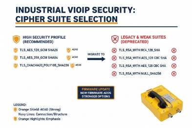 Industrial VoIP security infographic comparing recommended TLS cipher suites and deprecated legacy options