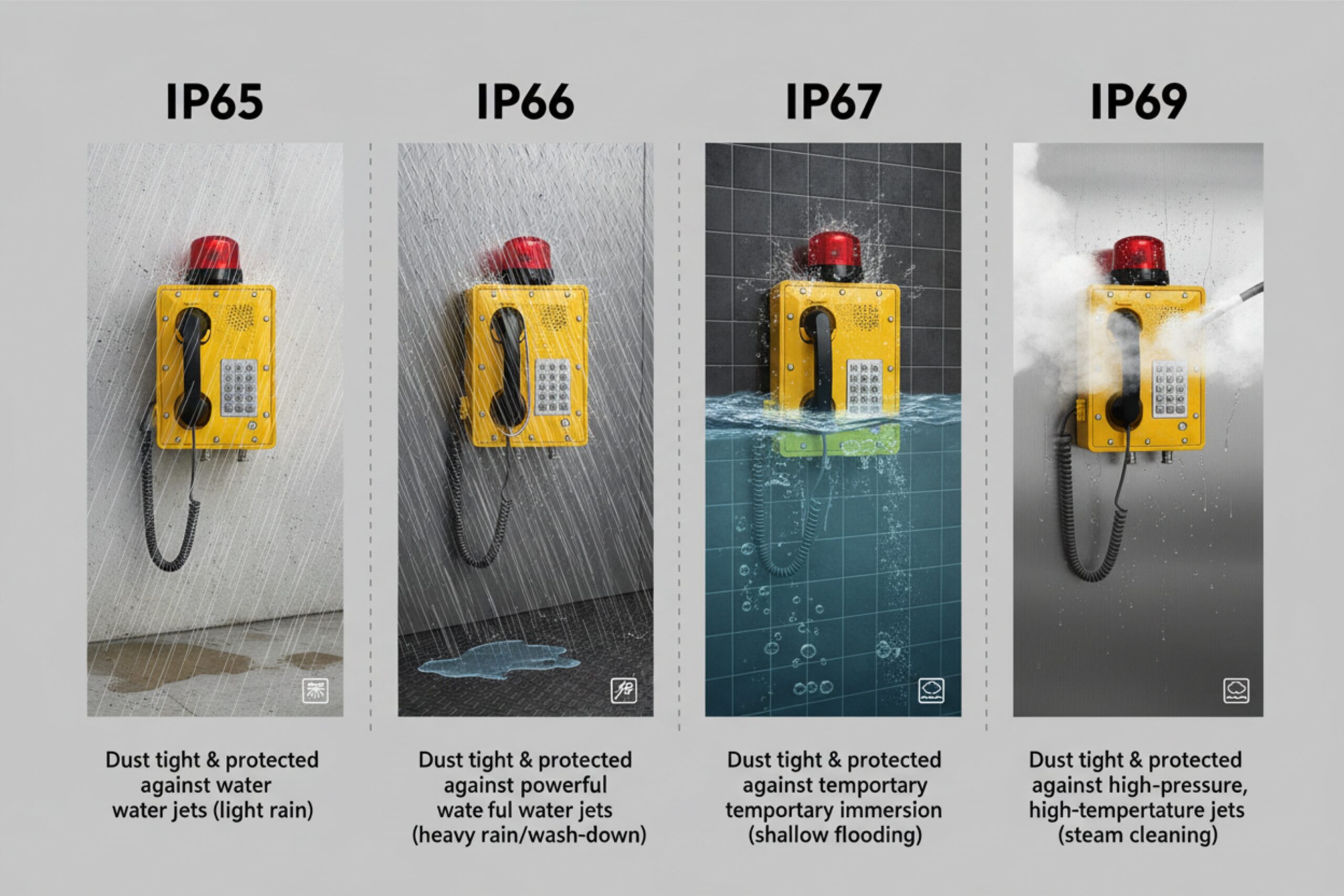 IP65 IP66 IP67 IP69 rating comparison for rugged waterproof industrial emergency telephone