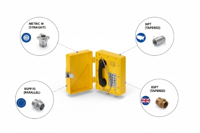 Product graphic of a yellow protective enclosure/cabinet with a handset inside, surrounded by callouts for different conduit/entry thread options (e.g., Metric, NPT, BSPP/BSPT)