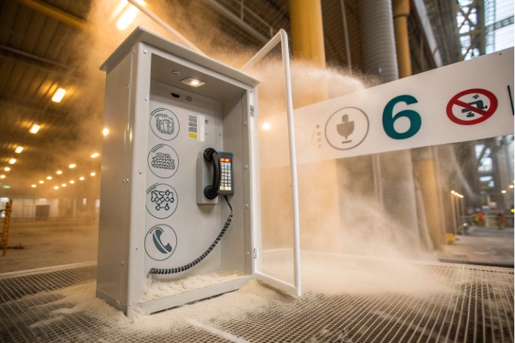 Emergency hotline phone inside protective cabinet with open door in dusty industrial area