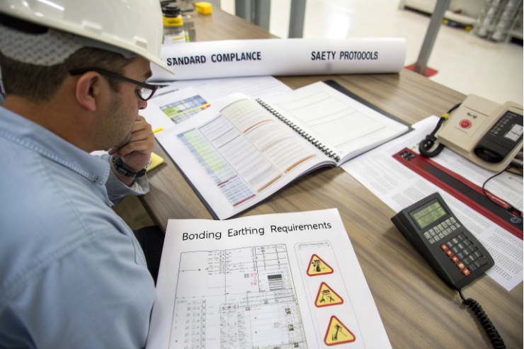 Safety engineer reviewing bonding and earthing requirements with desk phone and documents
