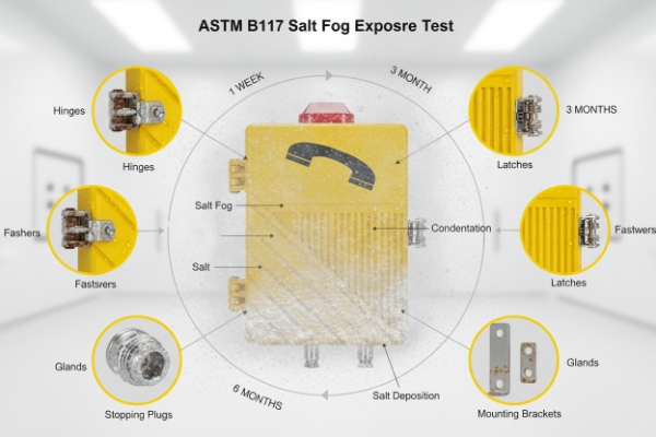 ASTM B117 salt fog test diagram showing corrosion points on rugged industrial phone