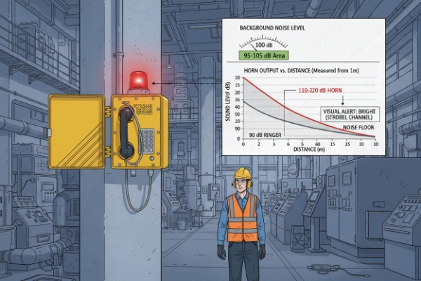 Explosion-proof phone with strobe and noise level chart for horn output distance
