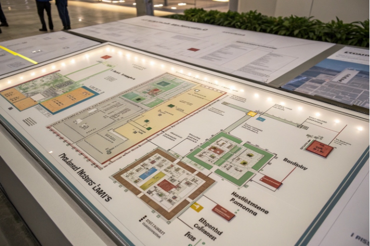 Facility layout map display board showing buildings, routes, and site planning details