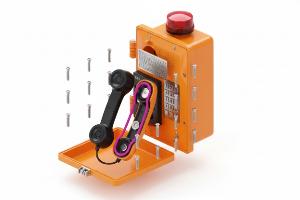 Exploded view of orange SIP emergency telephone showing screws, cover, handset, and components