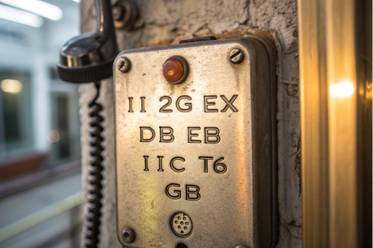 Close-up ATEX Ex marking plate showing II 2G Ex db eb IIC T6 Gb.