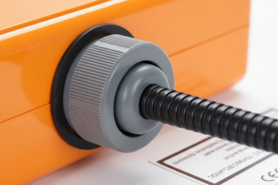 Close-up waterproof cable gland and conduit seal on orange SIP intercom enclosure