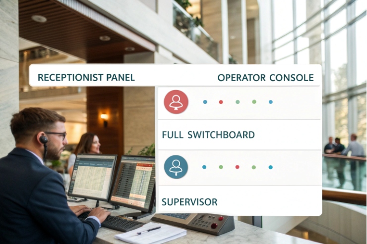Operator using VoIP switchboard receptionist panel interface in modern lobby