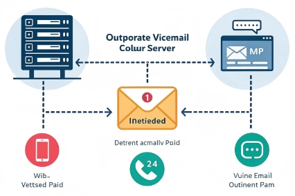 VoIP voicemail server diagram sending voicemail to email, mobile, and messaging clients