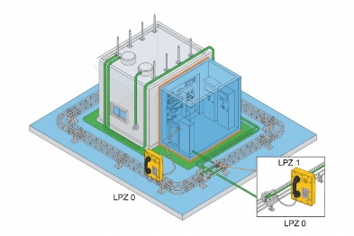LPZ zoning diagram showing hazardous area phone placement for lightning protection