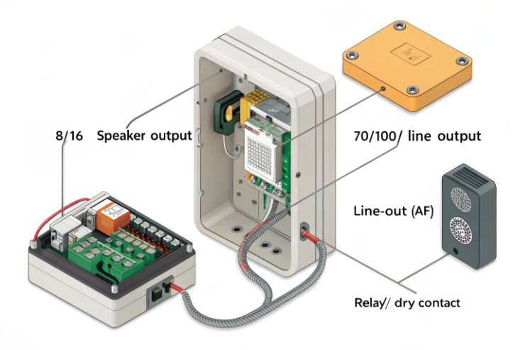 Wiring/cutaway diagram showing speaker output (8/16Ω), 70/100V line output, AF line-out, and relay/dry-contact connection
