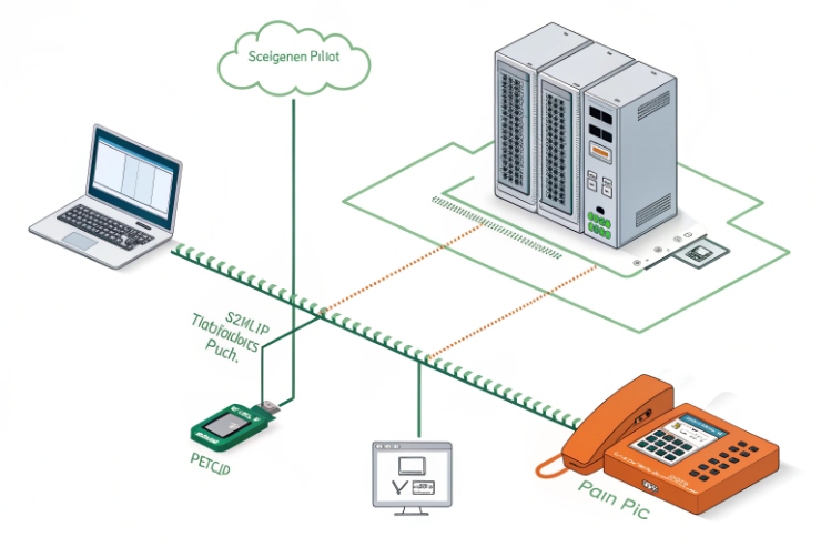 SIP communication topology linking laptop, servers, handheld device, and IP phone.
