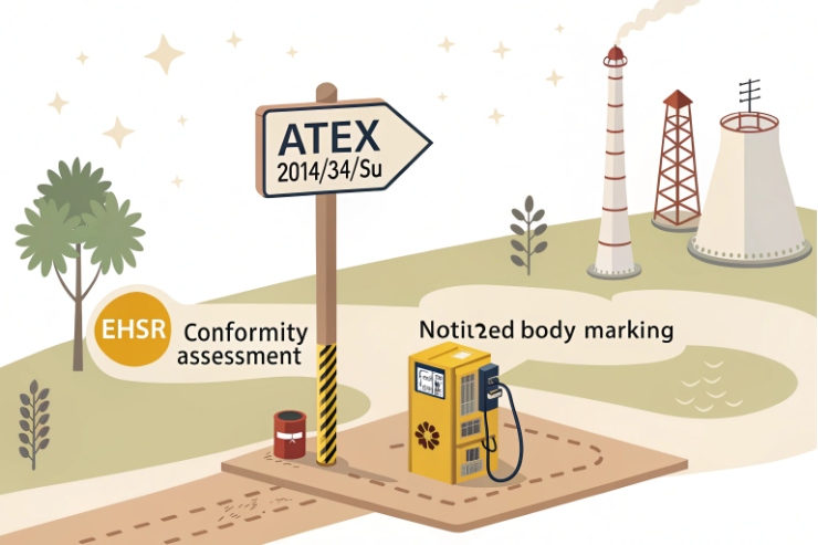 ATEX 2014/34/EU certification illustration showing conformity assessment and notified body marking.