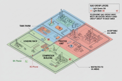 Hazardous area layout showing IIA IIB IIC gas group zones for industrial telephones\