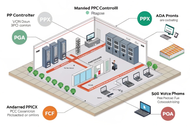 Isometric control-room architecture diagram showing PPX/PGA/FCF/POA blocks, servers and operator positions connected by routed networks.