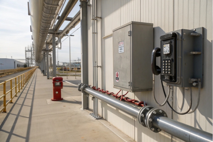 Rugged industrial wall telephone mounted beside pipelines along plant walkway