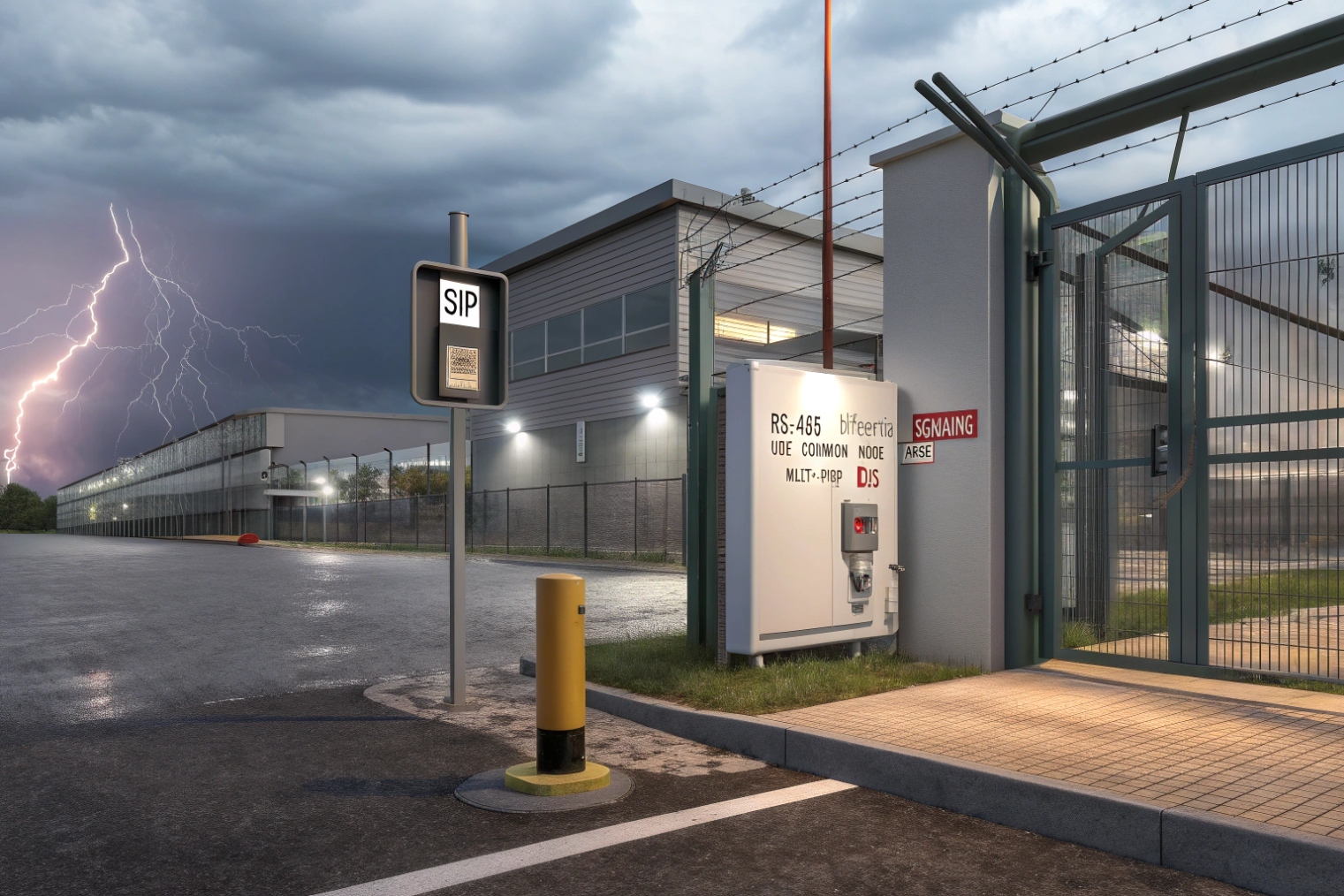Industrial gate SIP intercom and RS-485 control cabinet in lightning storm